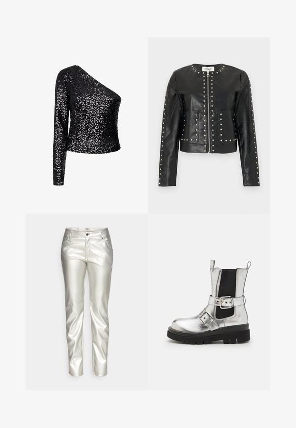 Chaqueta negra de cuero sintético con tachuelas plateadas que delinean la cremallera, el cuello, los bolsillos y las mangas, con escote redondo y mangas largas.; Top negro de lentejuelas con una manga larga y un escote asimétrico. Presenta un diseño ajustado y texturizado con una superficie brillante.; ONLY ONLJACI LILO - Pantalones - silver; Botín metálico plateado con un panel lateral elástico negro, suela negra gruesa y una correa con detalle de hebilla. Acabado de textura suave.