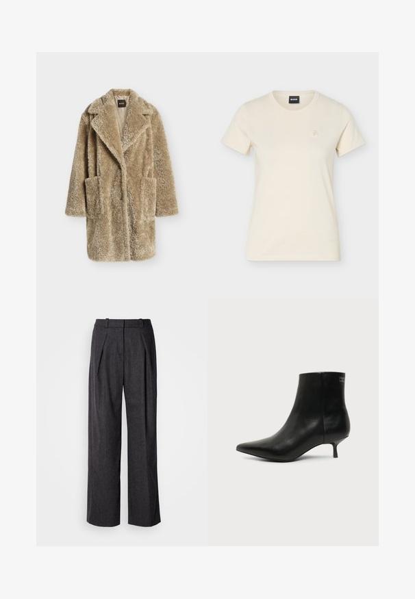 Lange beige jas van nepbont met brede revers, twee voorzakken en een doorgestikte voering met Boss-label.; Roomkleurig T-shirt met korte mouwen en een ronde hals, met een klein geborduurd logo op de linkerborst en een zwart "BOSS"-label aan de binnenkant van de kraag.; Donkergrijze wijde broek met een gestructureerde stof, voorzien van voorplooien en een klassiek taillebandontwerp. Geen zichtbare zakken.; Zwart leren enkellaars met puntige neus en lage kittenhak op lichte achtergrond, zijaanzicht buitenkant.