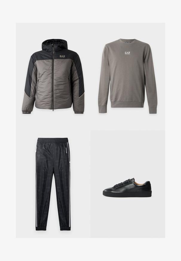 Kapuutsiga puffer-jope halli ja musta tooniga, ees takjapaelaga, küljetaskud lukuga, elastsete varrukaservadega ning EA7 Emporio Armani logo rinnal.; Hall pika varrukaga ümar kaelusega dressipluus, millel on valge EA7 Emporio Armani logo rinnal, soonikud varrukakäärudel ja äärel.; Mustasplendid spordipüksid läikiva viimistlusega, millel on peen logode muster, elastne vöökoht ja küljetaskud, millel on valged accentid.; Musthave nahkast kingad sujuva tekstuuriga, ümara toe jastringsidega sulgemisega. Omab paksu kummist tallat ja minimaalset brändi detaili.