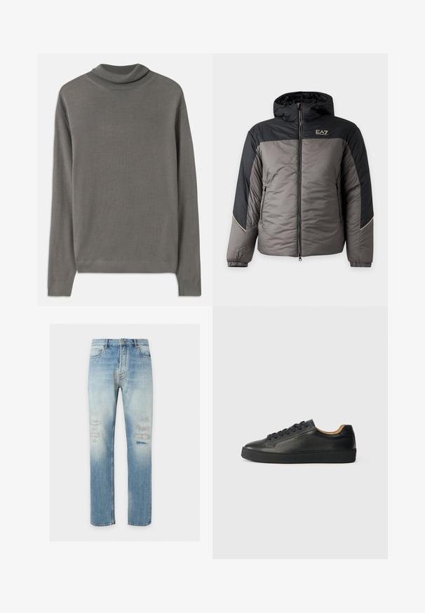 Chaqueta acolchada con capucha en gris y negro con cremallera frontal, bolsillos laterales con cremallera, puños elásticos y logo EA7 Emporio Armani en el pecho.; Suéter de cuello alto gris hecho de una tela suave y ligera. Presenta mangas largas y un cuello acanalado con una textura suave en toda su superficie.; Vaqueros de pierna recta de color azul claro con detalles sutiles desgastados y desteñidos en la parte frontal de los muslos, estilo clásico de cinco bolsillos y cierre de botón.; Zapatilla negra de cuero de caña baja con superficie texturizada, cordones negros y suela de goma gruesa, mostrada de lado sobre un fondo claro.