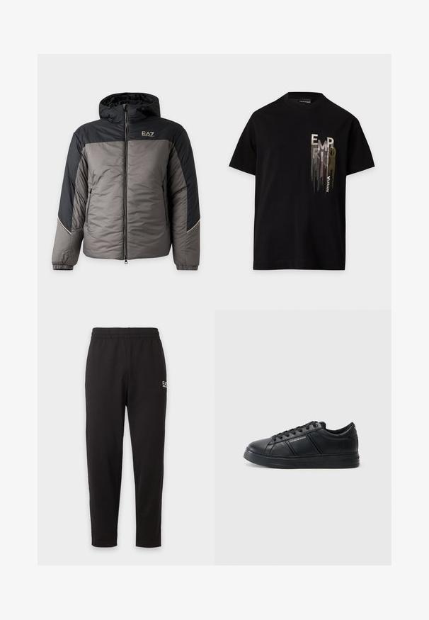 Prešívaná bunda s kapucňou v sivej a čiernej farbe s predným zipsom, zipsovými bočnými vreckami, elastickými manžetami a logom EA7 Emporio Armani na hrudi.; Čierne tričko s krátkym rukávom s vertikálnym kovovým strieborným a zlatým logom "EMPORIO ARMANI" na ľavej časti hrudníka.; Čierne elastické tepláky so zúženými nohavicami a malým bielym logom na hornej ľavej stehne.; Čierne kožené tenisky so hladkým povrchom, zaoblenou špičkou, viazaním vpredu, polstrovaným golierom a textúrovanými bočnými akcentmi. Viditeľný jemný detail loga.