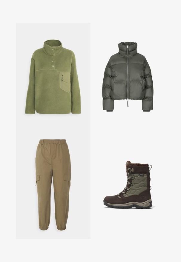 Chaqueta de plumas gris con cuello alto, cierre de cremallera, puños elásticos y un diseño corto. Presenta secciones acolchadas cuadradas y una textura de tela suave.; Sudadera de forro polar verde oliva con un cuello alto, tres botones y un bolsillo en el pecho con cremallera. Textura suave con detalles de costura en contraste.; Vero Moda Tall VMTIMMIKAY PANT - Pantalones cargo - capers; La bota impermeable en tonos marrón y caqui presenta ante y tela acolchada, ganchos de metal para los cordones, forro de piel de peluche y una suela de goma texturizada.