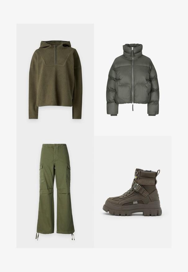 Graue Pufferjacke mit hohem Kragen, Reißverschluss, elastischen Bündchen und cropped Design. Verfügt über kastenförmige abgesteppten Abschnitte und eine weiche Stofftextur.; Olivgrüner Fleece-Pullover mit Kapuze, halbem Reißverschluss vorne, strukturiertem Stoff und kontrastierenden Besätzen am Saum und den Bündchen.; Olivegrüne Cargo-Hose aus Baumwolle mit weitem Bein, zwei Seitentaschen und verstellbaren Bändern am Saum.; Buffalo ASPHA LACEUP MID - Schnürstiefelette - khaki
