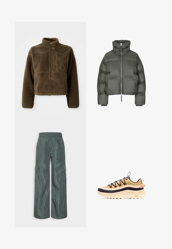 Graue Pufferjacke mit hohem Kragen, Reißverschluss, elastischen Bündchen und cropped Design. Verfügt über kastenförmige abgesteppten Abschnitte und eine weiche Stofftextur.; Braune Fleecejacke mit hohem Kragen, halbem Reißverschluss vorne und einer Brusttasche; verfügt über strukturierten Stoff und ein Logo auf der Vorderseite.; Even&Odd by Zalando Cargohose - dark green; Hellbrauner und schwarzer Low-Top-Wanderschuh mit dicker beiger Sohle, schwarz-weißen Schnürsenkeln, Gore-Tex-Etikett und hinterer Schlaufe mit orangefarbener Detail.