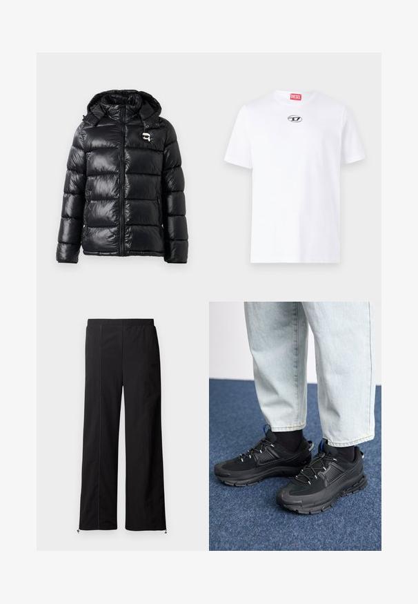 Sort pufferjakke med en skinnende finish, hætte, lynlås lukning og elastiske cuffs. Bemærkelsesværdige funktioner inkluderer et lille logo-patch på brystet.; Hvid bomulds t-shirt med korte ærmer, der har en rund halsudskæring og et sølv Diesel logo-patch på brystet. Enkel design, ensfarvet.; Sorte bredde-bukser med en glat tekstur, elastisk talje og snøre-lukninger ved anklerne. Har kontrasterende syning som detalje.; Sorte træningssko med tekstureret stof og gummisåler, udstyret med elastiske snørebånd og en blå detalje på hælen. Bæres med lyse denimbukser.