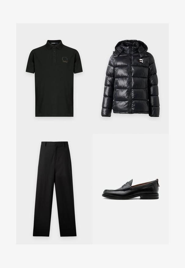 Doudoune noire avec une finition brillante, capuche, fermeture éclair et poignets élastiques. Les caractéristiques notables comprennent un petit écusson logo sur la poitrine.; Polo noir à manches courtes avec trois boutons et petit motif doré en contour d'un visage portant des lunettes de soleil sur la poitrine gauche.; Pantalons noirs en coton avec une coupe droite, dotés d'une fermeture à bouton à l'avant et de poches latérales. Texture lisse, sans motifs.; Mocassin homme en cuir noir avec couture moc toe, bride penny, col texturé et petit talon empilé sur fond blanc.