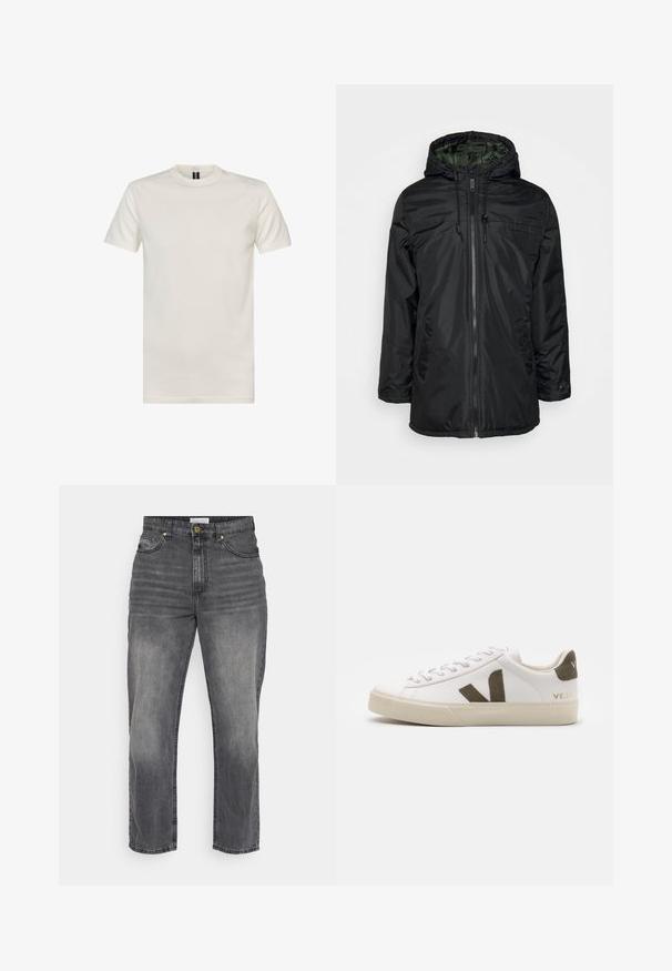 Zwarte geïsoleerde jas met een capuchon, voorrits en trekkoord. Heeft een gladde buitenkant, zijzakken en een groene gevoerde binnenkant.; Crewneck t-shirt met korte mouwen in off-white katoen. Heeft een gladde textuur, standaard pasvorm en een minimalistisch ontwerp zonder patronen.; Grijze denim jeans met een recht gesneden ontwerp, met een vervaagde afwerking, voorkantzakken en een knoopsluiting. Eenvoudige stiksels en zoomdetails.; Witte leren sneakers met een lichtbeige rubberen zool. Voorzien van een bruine suède V-logo en hieltab. Gespsluiting met een gestructureerd oppervlak.