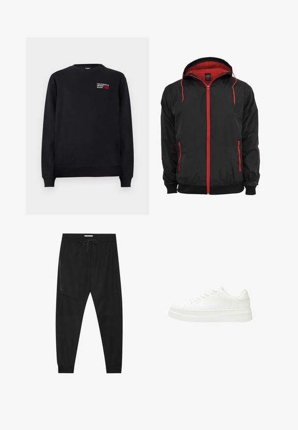 Sort jakke med rød indvendig foring og lynlås. Har rød lynlås og snoretræk, to sidelommer med lynlåse og ribbede manchetter.; Sort sweatshirt lavet af bomuldsblanding, med rund hals, ribbede manchetter og et lille rødt og hvidt "New Balance"-logo på brystet.; Sorte træningsbukser lavet af tekstureret stof, med justerbar talje, lynlåslomme på siden og tapered cuffs.; Hvid sneaker med en glat læderoverdel, flade snørebånd og en tyk gummisål. Minimalistisk design med diskret syning og glatte detaljer.