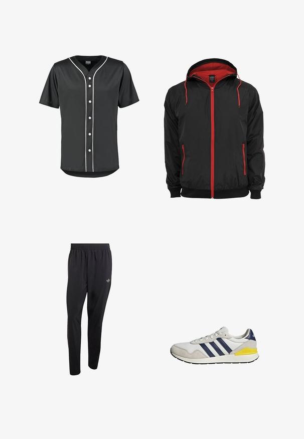 Zwarte jas met een rode binnenvoering en rits. Beschikt over een rode rits en trekkoorden, twee zijzakken met ritsen en geribbelde manchetten.; Zwart baseball shirt met korte mouwen van gladde stof. Voorzien van witte knopen en contrasterende witte bies langs de voorkant en kraag.; Zwarte sportbroek gemaakt van lichtgewicht materiaal, voorzien van een elastische tailleband en een klein reliëflogo op het bovenste gedeelte van het linkerbeen.; Witte en grijze Adidas sneaker met donkerblauwe strepen en een gele accent op de hiel, van opzij getoond tegen een witte achtergrond.