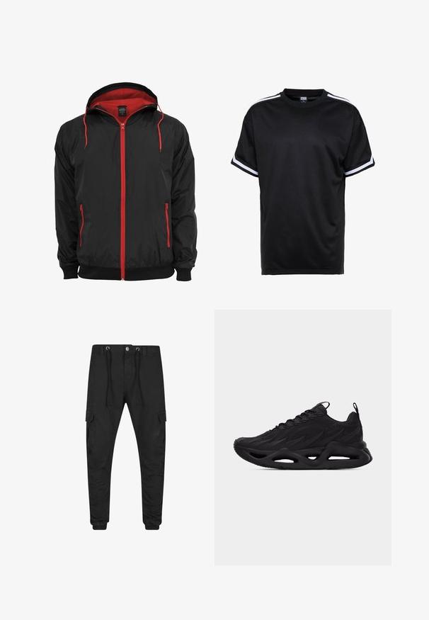 Chaqueta negra con un forro interior rojo y cremallera. Cuenta con cremallera roja y cuerdas, dos bolsillos laterales con cremalleras y puños acanalados.; Camiseta de manga corta negra hecha de tela de malla, con acentos de rayas blancas en las mangas y un escote redondo.; Pantalones cargo negros entallados con puños elásticos, cierre frontal de botón y cremallera, cintura con cordón y bolsillos con solapa en cada muslo.; Zapatilla deportiva negra con parte superior texturizada, diseño con cordones, lengüetas para tirar en la lengüeta y el talón, y una suela esculpida con detalles recortados.