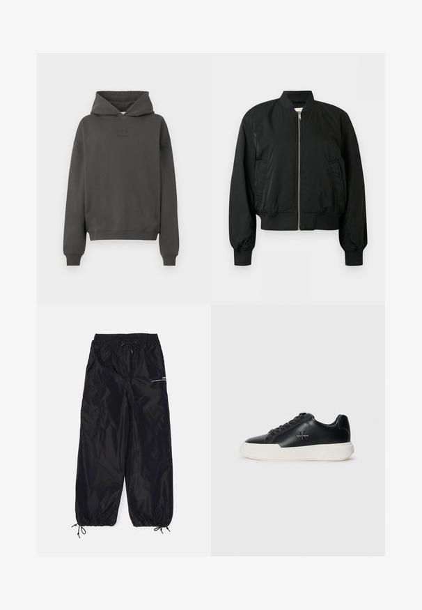 Blouson aviateur noir avec fermeture éclair frontale, col, poignets et ourlet côtelés, ainsi que deux poches latérales, sur fond uni.; Haut à capuche gris foncé en tissu doux, avec un cordon de serrage, des poignets côtelés et un logo discret imprimé sur le devant.; Pantalons cargo noirs en nylon brillant avec une taille élastique, cordon de serrage réglable, poches latérales et poignets élastiques.; Baskets en cuir noir avec semelles en caoutchouc blanc, présentant un bout rond, un laçage avant et des détails de logo sur les côtés pour l'identité de marque.