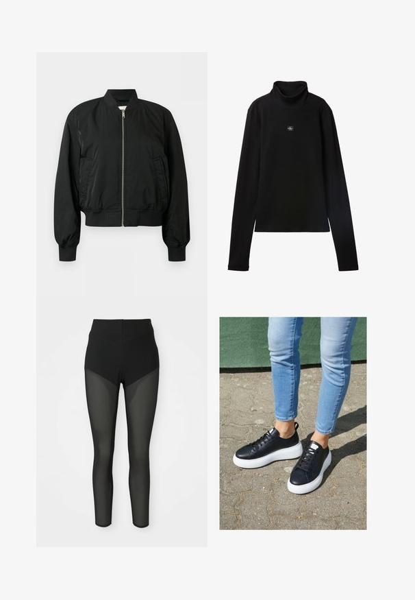 Sort bomberjakke med lynlås foran, ribbet krave, manchetter og kant samt to sidelommer på en ensfarvet baggrund.; Sort ribstrikket bluse med lange ærmer og lille firkantet Calvin Klein-logo placeret centralt på brystet.; Sorte højtaljede leggings med semi-gennemsigtige meshpaneler på forlårene og underbenene, sømløst design, tætsiddende silhuet.; Sorte lædersneakers med hvide gummisåler, der har en glat overflade, rund tå og flade snørebånd. Båret med lyseblå jeans.