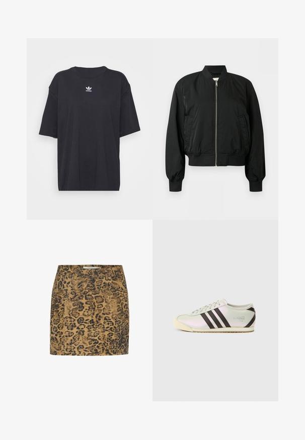 Schwarze Bomberjacke mit Frontreißverschluss, geripptem Kragen, Bündchen und Saum sowie zwei seitlichen Taschen vor einfachem Hintergrund.; Schwarzes Baumwoll-T-Shirt mit kurzen Ärmeln, rundem Halsausschnitt, mit einem weißen Adidas-Logo auf der Brust. Einfaches Design, lockere Passform.; Denimrock mit Leopardenmuster in Braun und Schwarz, mit taillierter Passform, Gürtelschlaufen, Vordertaschen und Knopfverschluss.; Niedrig geschnittener Sneaker mit glänzendem mintgrünem Obermaterial, drei schwarzen Streifen und einer strukturierten cremefarbenen Gummisohle. Minimalistisches Design mit Logodetail.