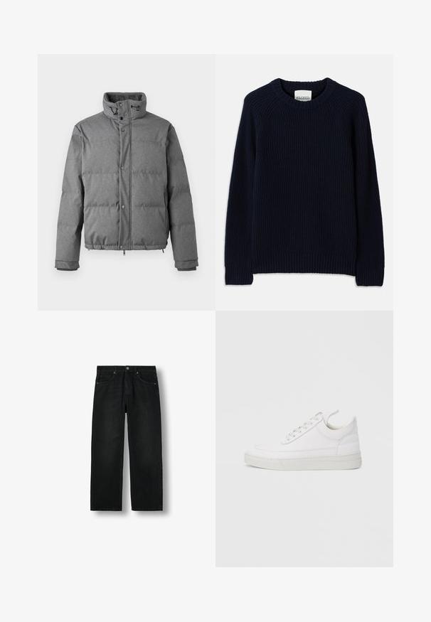 Iceberg PIUMINO - Dunjakker - grigio scuro; Marineblå ribstrikket sweater med rund halsudskæring og lange ærmer. Har en lige kant og et struktureret mønster over hele. ; Sorte denimjeans med lige ben, fem lommer, knaplukning og bæltestropper, vist fladt på en hvid baggrund.; Hvid lædersneaker med rundet tå, flad sål og snørebånd foran. Har syningsdetaljer og polstret krave for komfort.