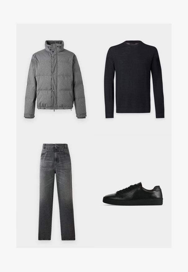 Iceberg PIUMINO - Doudoune - grigio scuro; Pull noir à manches longues avec col rond, motif texturé subtil, poignets et ourlet côtelés, présenté sur un fond uni gris clair.; Jeans en denim gris foncé présentant une taille haute, une coupe droite, et une texture délavée avec poches avant et fermeture à un bouton.; Basket basse en cuir noir avec lacets noirs et semelle épaisse noire, vue de profil sur fond gris clair.