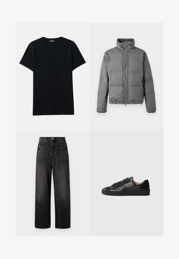 Iceberg PIUMINO - Gewatteerde jas - grigio scuro; Dondup SLIM FIT - T-shirt basic - black; Zwarte denim jeans met een losse pasvorm, hoge taille, vijf zakken en een opvallende knoopsluiting. Heeft subtiele vervaging en een recht gesneden ontwerp.; Zwarte leren sneaker met een gladde textuur, ronde neus en vetersluiting. Heeft een dikke rubberen zool en minimale merkaanpassing.