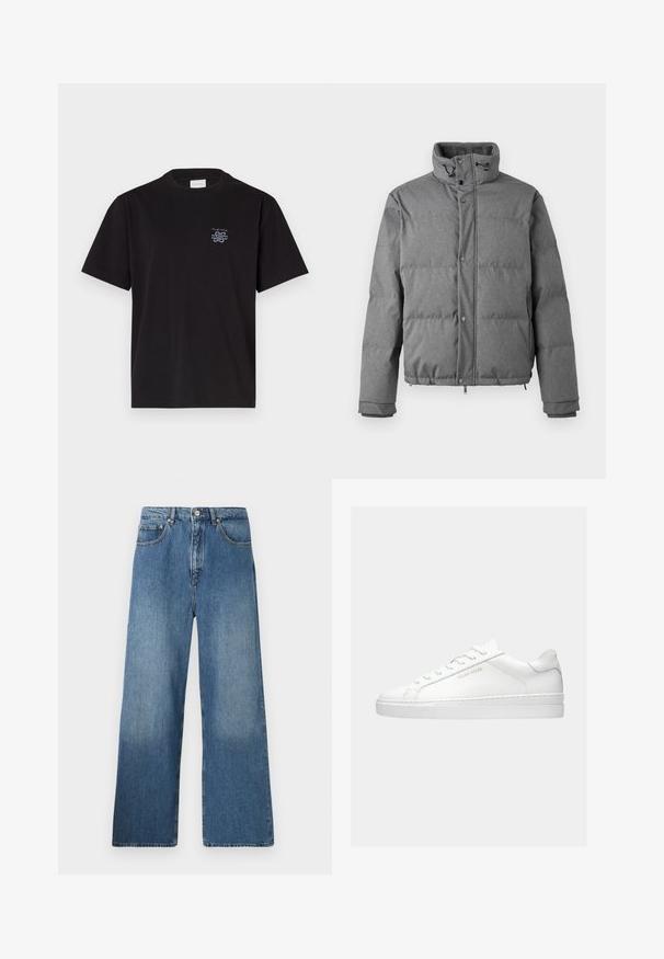 Iceberg PIUMINO - Daunenjacke - grigio scuro; Schwarzes Baumwoll-T-Shirt mit Rundhalsausschnitt und kurzen Ärmeln. Mit einem kleinen blauen Logo auf der linken Brust. Einfaches, gerade geschnittenes Design.; Breite blaue Denim-Jeans mit klassischem Fünf-Taschen-Design, Knopfverschluss vorne und leichtem Verblassen für Textur.; Weißer Sneaker mit niedrigem Schaft und Schnürsenkeln, minimalistischem Design und der "Filling Pieces"-Marke in Gold an der Seite vor schlichtem Hintergrund.