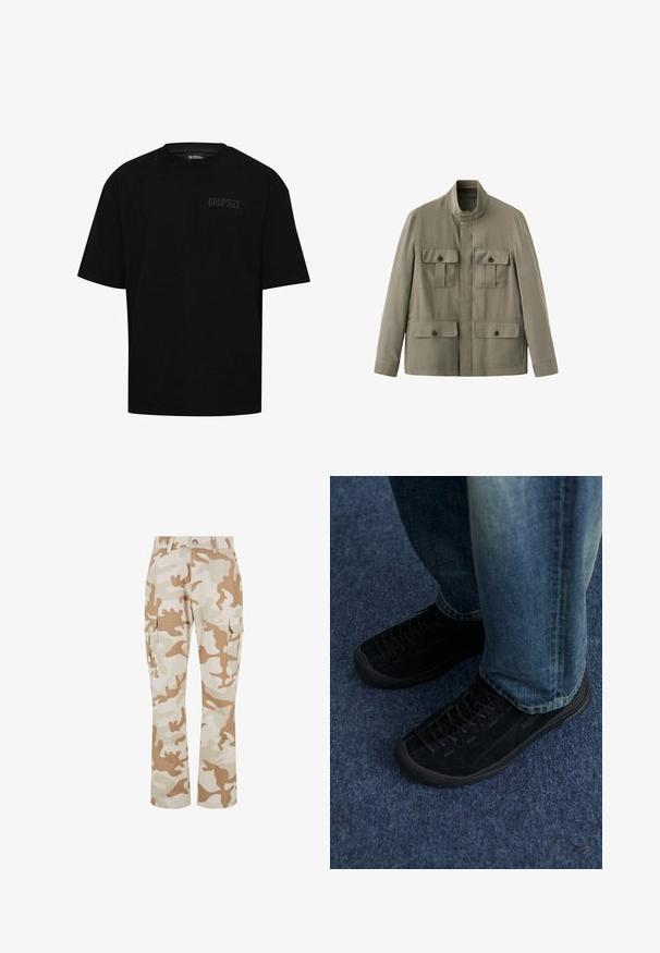 Veste vert olive clair avec col montant et quatre poches à rabat boutonnées à l’avant.; T-shirt en coton noir à manches courtes, col rond et logo discret "DROPSIZE" sur le côté gauche de la poitrine. Coupe standard.; Pantalons cargo beige en camouflage avec poches latérales, fabriqués en tissu à la texture lisse, présentant une coupe droite et une fermeture à bouton.; Baskets en nubuck noir avec surface texturée, lacets discrets et semelles en caoutchouc durables, portées avec un jean en denim bleu.
