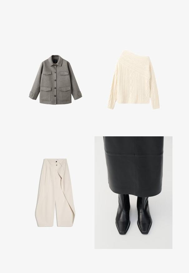 Grijs wollen jack met knoopsluiting aan de voorkant, kraag en twee grote borstzakken. Heeft een boxy silhouet en verstelbare mouwriemen.; Crèmekleurige gebreide trui met een off-shoulder ontwerp, voorzien van gestructureerde diamant- en ribpatronen, lange mouwen en een aansluitende zoom.; Beige wijde broek met dubbele knoopsluiting en geplooid voorkantontwerp. Glad stof met strakke lijnen en zonder zichtbare patronen.; Zwarte leren hoge enkellaarsjes met een vierkante neus en een ritssluiting aan de zijkant. Glad textuur en minimale hardware; gecombineerd met een zwarte leren rok.