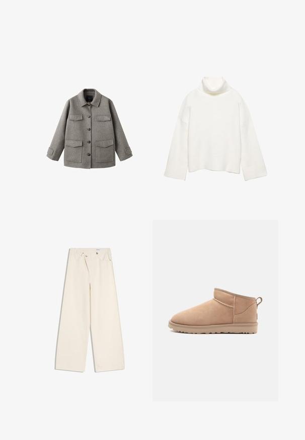 Veste en laine grise avec boutons sur le devant, col et deux grandes poches poitrine. Présente une silhouette carrée et des sangles ajustables aux manches.; Pull à col roulé blanc en tissu doux, présentant une coupe décontractée, des épaules tombantes et des poignets et un ourlet larges côtelés.; Pantalon large couleur écru avec poches avant, passants pour ceinture, et boutons argentés sur la ceinture et les bords des poches.; Botte de cheville en daim beige avec un bout arrondi, une texture douce, un design simple et une semelle en caoutchouc à profil bas. Dispose d'une languette à l'arrière.
