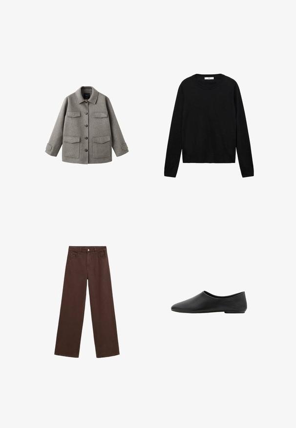 Graue Wolljacke mit Knopfleiste, Kragen und zwei großen Brusttaschen. Verfügt über eine kastige Silhouette und verstellbare Ärmelriemen.; Schwarzer Langarmpullover aus weichem Material mit Rundhalsausschnitt und gerippten Bündchen, der ein einfaches und gerades Schnittdesign aufweist.; Braune, weit geschnittene Hosen aus Denim mit Knopfverschluss, Gürtelschlaufen und Fronttaschen. Glatte Textur mit gleichmäßiger Farbgebung.; Schwarze minimalistische flache Schuhe mit einer abgerundeten Mandelspitze und niedrigem Absatz, Obermaterial aus glattem Leder, im Slip-On-Stil.