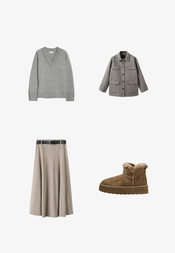 Grå uldjakke med knaplukning foran, krave og to store brystlommer. Har en firkantet silhuet og justerbare ærmestraps.; Grå ribbet sweater med V-hals, lange ærmer og lige kant. Lavet af blødt materiale, med subtile teksturer og detaljer.; Beige plisseret nederdel lavet af blødt stof, med et sort bælte med sølvspænde. Nederdelen har et flagrende design og er i midterlang længde.; Brune ruskinds ankelstøvler med faux pelsfor, rund tå og en tykk platformsål; har en syet søm og en trækflap bagpå.