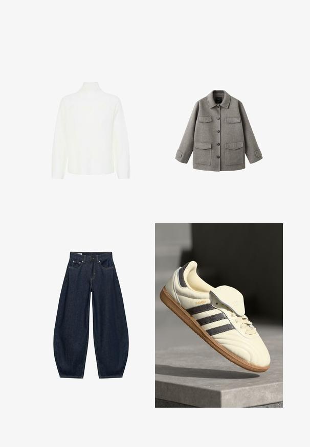 Veste en laine grise avec boutons sur le devant, col et deux grandes poches poitrine. Présente une silhouette carrée et des sangles ajustables aux manches.; Pull en maille blanc à col roulé avec de longues manches raglan, design légèrement court et tissu texturé. Pas de motifs ni de matériel visible.; Jean en denim bleu foncé à jambes larges avec poches avant, passants de ceinture et fermeture par bouton à la taille.; Baskets en cuir crème avec trois bandes sombres, une semelle extérieure en gomme marron et un bout arrondi. Présentent une languette pliable étiquetée "SAMBA."