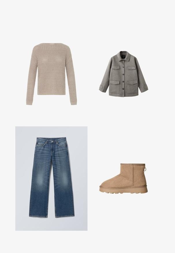 Chaqueta de lana gris con cierre de botones, cuello y dos grandes bolsillos en el pecho. Presenta una silueta cuadrada y tiras ajustables en las mangas.; Suéter de punto beige claro con cuello redondo, mangas largas y puños acanalados. Presenta un ajuste holgado y un patrón texturizado en toda la prenda.; Vaqueros de mezclilla azul de corte recto con cinco bolsillos, trabillas para cinturón, cierre de botón y detalles desteñidos en la parte frontal de los muslos.; Botín de ante beige con punta redonda, parte superior texturizada y suela de goma con tacos de tracción. Lengüeta trasera para poner y quitar fácilmente.