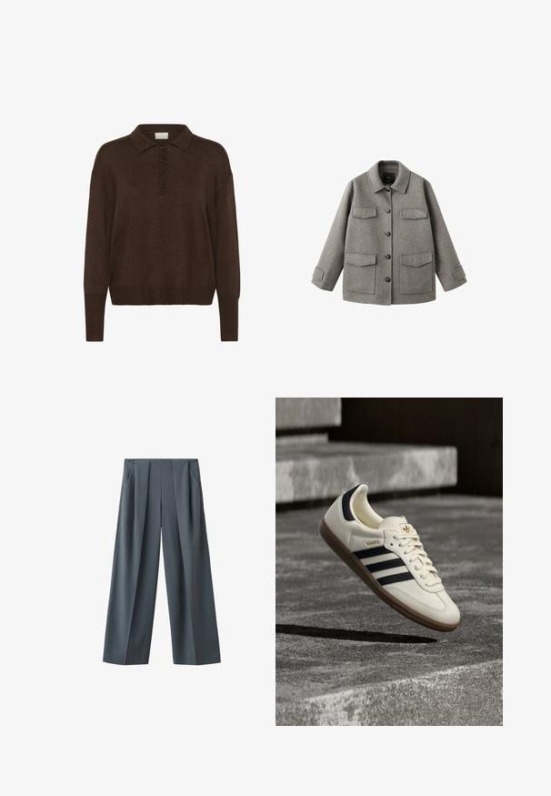 Veste en laine grise avec boutons sur le devant, col et deux grandes poches poitrine. Présente une silhouette carrée et des sangles ajustables aux manches.; Pull en maille marron avec un col polo, présentant une patte de boutonnage et des poignets et un ourlet côtelés. Texture douce et coupe décontractée.; Pantalon gris foncé à jambes larges avec plis à l'avant et poches latérales, présenté sur fond blanc.; Baskets blanches Adidas Samba avec des bandes noires et une semelle en gomme, flottant au-dessus de marches en béton gris texturé.