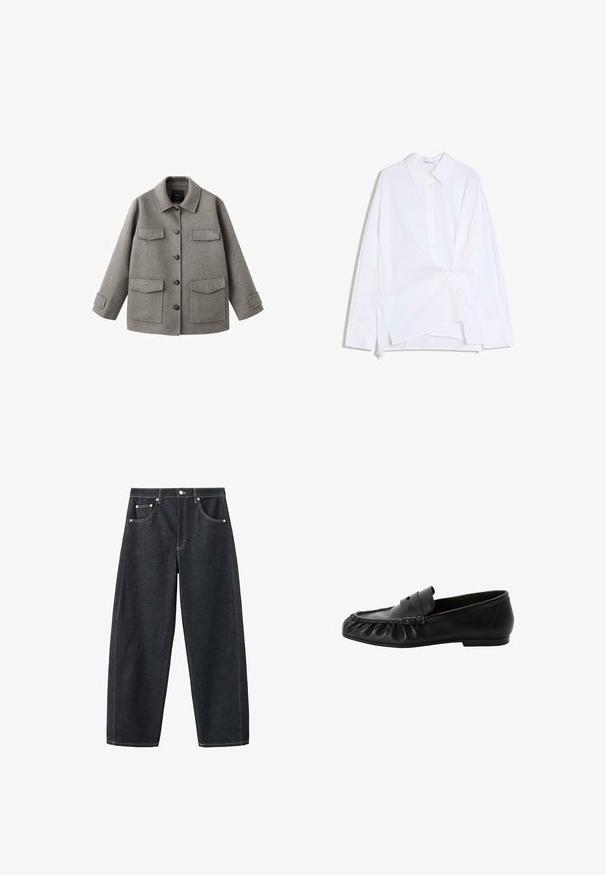 Gray wool jacket with a button front, collar, and two large chest pockets. Features a boxy silhouette and adjustable sleeve straps.; White long-sleeve button-up shirt with an asymmetrical twisted front and classic collar, displayed on a white background.; Dark blue wide-leg denim jeans with five pockets and contrasting stitching, displayed flat on a white background.; Black leather penny loafer with rounded toe, low heel, and gathered stitching detail along the front edge.