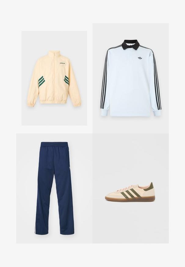 Φωτεινό μπεζ αθλητικό μπουφάν Adidas με ψηλό γιακά, φερμουάρ εμπρός, ελαστικές μανσέτες και τελείωμα, και σκούρο πράσινο λογότυπο Adidas και ρίγες στα πλάγια.; Ανοιχτό μπλε μακρυμάνικο πόλο πουκάμισο με μαύρο γιακά, τρεις μαύρες ρίγες στα μανίκια και μικρό μαύρο λογότυπο στο στήθος.; Ναυτικό μπλε αθλητικά παντελόνια με ελαστική μέση, με λευκές ρίγες στα πλάγια και λογότυπο στο αριστερό μηρό.; Χαμηλού προφίλ μπεζ αθλητικό παπούτσι Adidas Spezial με πράσινες ρίγες, σόλα από καουτσούκ και την επωνυμία "SPEZIAL" στην πλευρά, εμφανίζεται από την εξωτερική πλευρά.