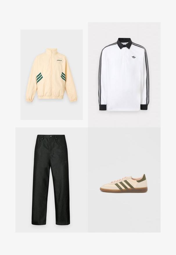 Φωτεινό μπεζ αθλητικό μπουφάν Adidas με ψηλό γιακά, φερμουάρ εμπρός, ελαστικές μανσέτες και τελείωμα, και σκούρο πράσινο λογότυπο Adidas και ρίγες στα πλάγια.; Λευκή πόλο μπλούζα με μακρύ μανίκι, μαύρο γιακά, μαύρα μανσέτα, μαύρο σχέδιο με τρεις ρίγες στα μανίκια και μαύρο λογότυπο Adidas στο στήθος.; Μαύρο παντελόνι με ελαφριά γυαλάδα, σε σχέδιο με ίσια γραμμή, δύο μπροστινές τσέπες και διακριτικό λογότυπο στο πάνω αριστερό μέρος.; Χαμηλού προφίλ μπεζ αθλητικό παπούτσι Adidas Spezial με πράσινες ρίγες, σόλα από καουτσούκ και την επωνυμία "SPEZIAL" στην πλευρά, εμφανίζεται από την εξωτερική πλευρά.