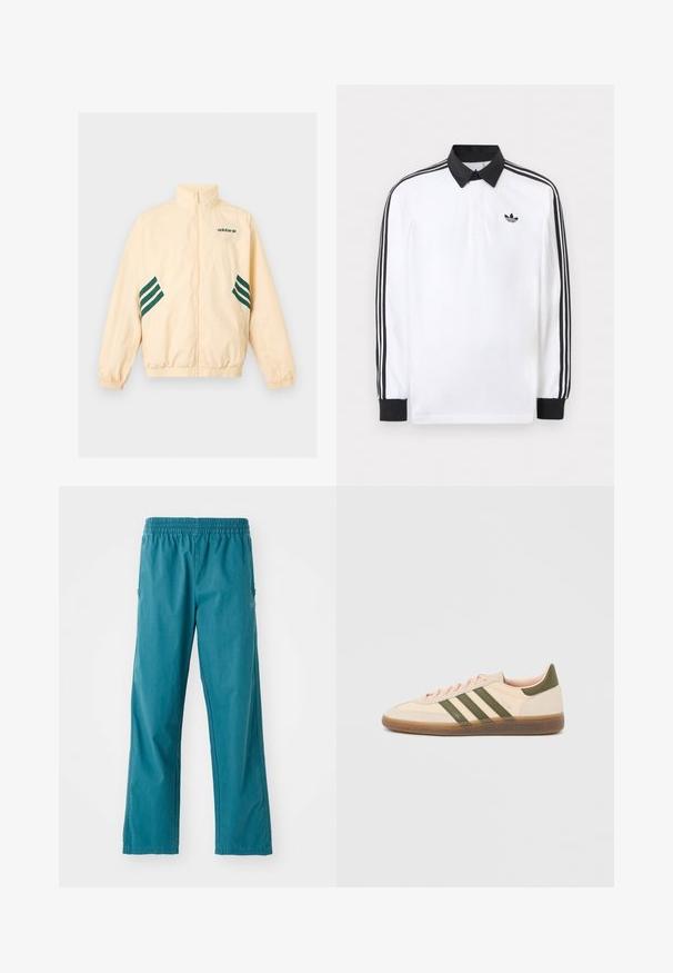 Hellbeige Adidas Trainingsjacke mit hohem Kragen, durchgehendem Frontreißverschluss, elastischen Bündchen und Saum sowie dunkelgrünem Adidas-Logo und Streifen an den Seiten.; Weißes Polo mit langen Ärmeln, schwarzem Kragen, schwarzen Bündchen, schwarzem Drei-Streifen-Design an den Ärmeln und schwarzem Adidas-Logo auf der Brust.; Türkisfarbene Hose aus leichtem Stoff, mit elastischem Bund und geradem Schnitt sowie Seitentaschen.; Flacher, beigefarbener Adidas Spezial Sneaker mit grünen Streifen, Gummisohle und "SPEZIAL" Schriftzug an der Seite, von der Außenseite gezeigt.