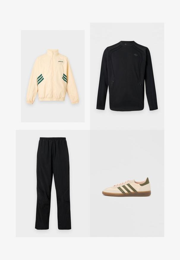 Chaqueta de chándal Adidas beige claro con cuello alto, cremallera completa frontal, puños y dobladillo elásticos, y logo y rayas Adidas en verde oscuro en los laterales.; Sudadera negra de manga larga con cuello redondo, con sutil logo de trébol de Adidas en el pecho y bolsillos laterales con cremallera, con detalles de paneles cosidos.; Pantalones de nylon negros con una cinturilla elástica, que presentan un acabado ligero y texturizado y acentos en las costuras para un diseño moderno.; Zapatilla Adidas Spezial beige de perfil bajo con rayas verdes, suela de goma y la marca "SPEZIAL" en el lateral, vista desde el lado exterior.