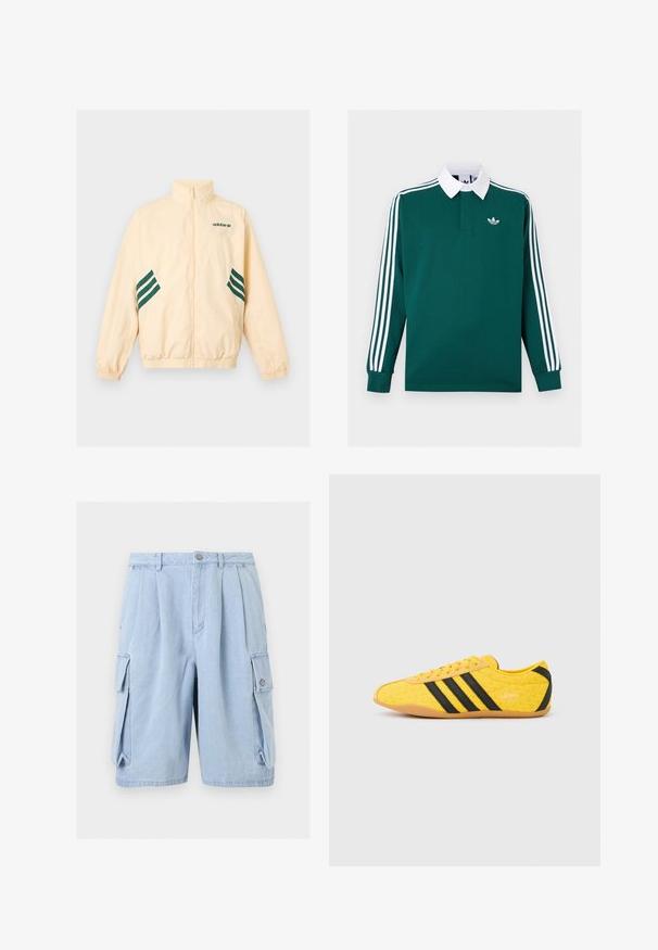 Φωτεινό μπεζ αθλητικό μπουφάν Adidas με ψηλό γιακά, φερμουάρ εμπρός, ελαστικές μανσέτες και τελείωμα, και σκούρο πράσινο λογότυπο Adidas και ρίγες στα πλάγια.; Σκούρο πράσινο μακρυμάνικο ράγκμπι πουκάμισο με λευκό γιακά, τρεις λευκές ρίγες στα μανίκια και μικρό λευκό λογότυπο Adidas στο στήθος.; Φωτεινά μπλε τζιν cargo σορτς με πτυχές μπροστά, πλαϊνές τσέπες με καπάκια, θηλιές για ζώνη και κούμπωμα με κουμπί στη μέση.; Κίτρινο αθλητικό παπούτσι με υφή στο επάνω μέρος, με μαύρες ρίγες και λογότυπο. Στρογγυλεμένη μύτη, μαλακή σόλα και ζιγκ-ζαγκ σχέδιο στο υλικό.