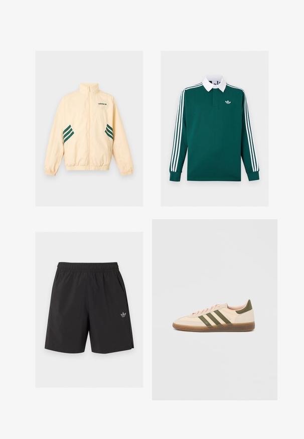 Veste de survêtement Adidas beige clair avec col montant, fermeture éclair intégrale à l'avant, poignets et ourlet élastiques, et logo Adidas ainsi que des bandes vert foncé sur les côtés.; Maillot de rugby à manches longues vert foncé avec col blanc, trois bandes blanches sur les manches et petit logo Adidas blanc sur la poitrine.; Short de sport noir à taille élastique avec poches latérales et petit logo Adidas sur la jambe gauche.; Baskets beige discrètes Adidas Spezial avec des bandes vertes, une semelle en caoutchouc et le logo "SPEZIAL" sur le côté, vues de l'extérieur.