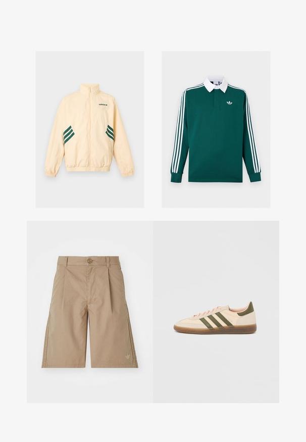 Chaqueta de chándal Adidas beige claro con cuello alto, cremallera completa frontal, puños y dobladillo elásticos, y logo y rayas Adidas en verde oscuro en los laterales.; Camiseta de rugby de manga larga de color verde oscuro con cuello blanco, tres rayas blancas en las mangas y pequeño logo blanco de Adidas en el pecho.; Bermudas de algodón beige con corte recto, pliegues frontales y cierre de botón único. Presentan un sutil logo en la parte inferior izquierda.; Zapatilla Adidas Spezial beige de perfil bajo con rayas verdes, suela de goma y la marca "SPEZIAL" en el lateral, vista desde el lado exterior.