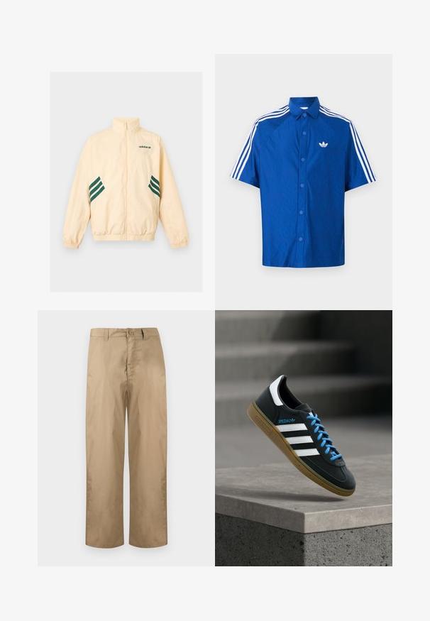 Veste de survêtement Adidas beige clair avec col montant, fermeture éclair intégrale à l'avant, poignets et ourlet élastiques, et logo Adidas ainsi que des bandes vert foncé sur les côtés.; Chemise bleue à manches courtes avec boutons, logo blanc Adidas sur la poitrine et trois bandes blanches courant sur les épaules et les manches.; Pantalons beige à jambes droites avec passants pour ceinture, fermeture par bouton et braguette zippée, présentés sur un fond clair uni.; Baskets Adidas noires avec des rayures blanches, des lacets bleus et une semelle en gomme flottant au-dessus d'une marche en béton grise sous une lumière douce.