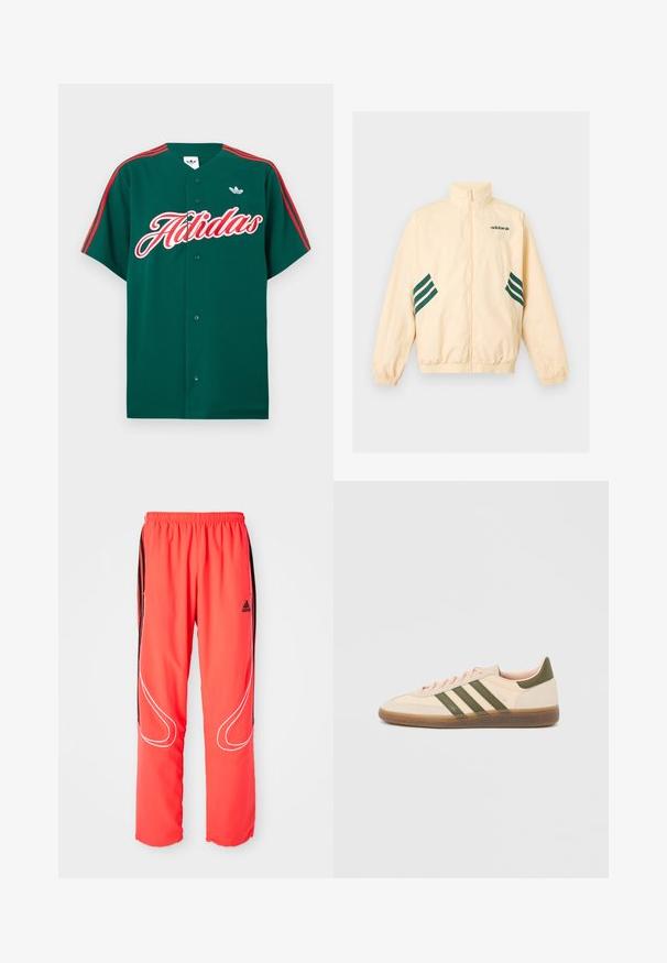 Φωτεινό μπεζ αθλητικό μπουφάν Adidas με ψηλό γιακά, φερμουάρ εμπρός, ελαστικές μανσέτες και τελείωμα, και σκούρο πράσινο λογότυπο Adidas και ρίγες στα πλάγια.; Πράσινη κοντομάνικη ζακέτα με κόκκινες ρίγες στους ώμους, λευκό κεντητό κείμενο "Adidas" και μικρό λογότυπο στην επάνω αριστερή πλευρά.; Κόκκινες αθλητικές παντελόνες με άνετη εφαρμογή, ελαστική μέση, μαύρες λωρίδες στο πλάι και λευκή λεπτομέρεια κατά μήκος των ποδιών. Λογότυπο Adidas στο γοφό.; Χαμηλού προφίλ μπεζ αθλητικό παπούτσι Adidas Spezial με πράσινες ρίγες, σόλα από καουτσούκ και την επωνυμία "SPEZIAL" στην πλευρά, εμφανίζεται από την εξωτερική πλευρά.