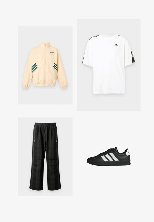 Lichtbeige Adidas trainingsjack met hoge kraag, volledige rits aan de voorkant, elastische boorden en zoom, en donkergroene Adidas-logo en strepen aan de zijkanten.; Witte katoenen t-shirt met korte mouwen, voorzien van zwarte drie-strepen accenten op de schouders en een klein zwart logo op de borst.; Zwarte geruite broek met een elastische tailleband, twee voorzakken en een losse pasvorm met een rechte pijpdesign. Gemaakt van lichtgewicht materiaal.; Zwarte Adidas sneaker met witte strepen, zwarte zool, veters en een witte hieltab met het Adidas-logo, zijaanzicht.