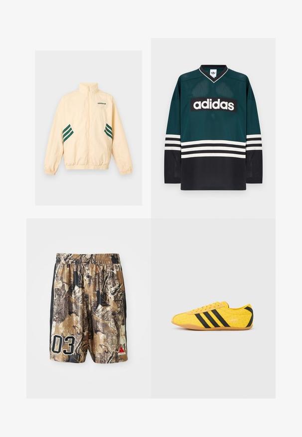 Φωτεινό μπεζ αθλητικό μπουφάν Adidas με ψηλό γιακά, φερμουάρ εμπρός, ελαστικές μανσέτες και τελείωμα, και σκούρο πράσινο λογότυπο Adidas και ρίγες στα πλάγια.; Πράσινη και μαύρη φανέλα Adidas με V-λαιμόκοψη, μακριά μανίκια, υφή από δίχτυ και έντονο λευκό λογότυπο στο στήθος με ριγέ λεπτομέρειες.; Σορτς παραλλαγής με ελαστική μέση, σε απόχρωση καφέ και μαύρου, μεγάλο "03" σε λευκό και λογότυπο Adidas σε κόκκινο χρώμα.; Κίτρινο αθλητικό παπούτσι με υφή στο επάνω μέρος, με μαύρες ρίγες και λογότυπο. Στρογγυλεμένη μύτη, μαλακή σόλα και ζιγκ-ζαγκ σχέδιο στο υλικό.