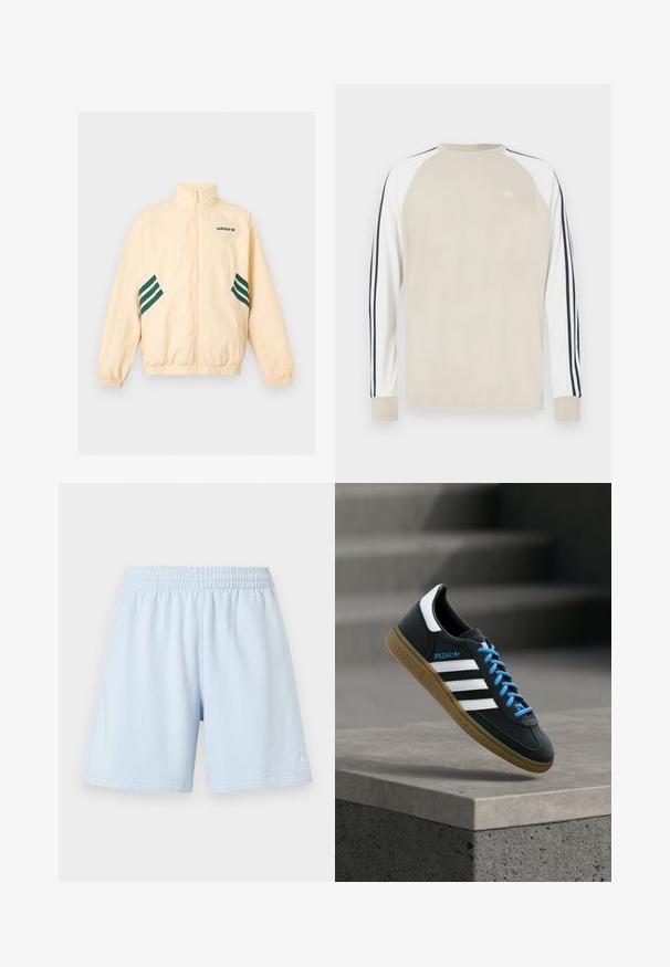 Veste de survêtement Adidas beige clair avec col montant, fermeture éclair intégrale à l'avant, poignets et ourlet élastiques, et logo Adidas ainsi que des bandes vert foncé sur les côtés.; Chemise beige à manches longues avec manches raglan blanches et rayures bleu marine sur les côtés. Présente un petit logo blanc sur la poitrine.; Shorts de sport bleu clair avec une ceinture élastique, des poches latérales et un discret logo sur l'ourlet inférieur. Confectionnés en tissu doux.; Baskets Adidas noires avec des rayures blanches, des lacets bleus et une semelle en gomme flottant au-dessus d'une marche en béton grise sous une lumière douce.