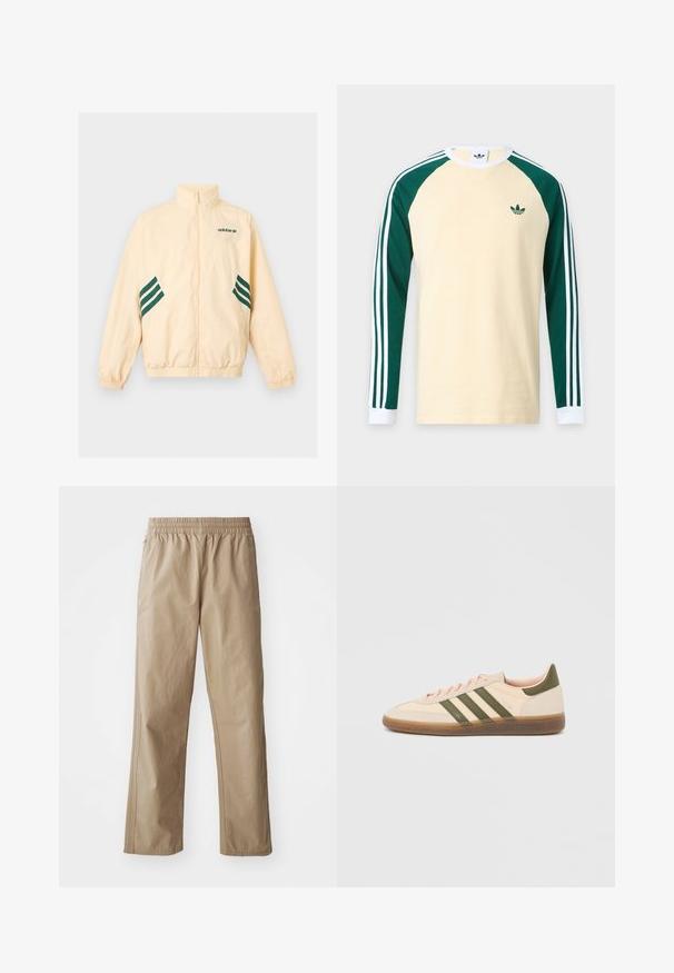 Svetlo béžová Adidas tréningová bunda s vysokým golierom, celopredným zipsom, elastickými manžetami a spodným lemom, s tmavozeleným logom Adidas a pruhmi na bokoch.; Béžová košeľa s dlhým rukávom s tmavozelenými raglánovými rukávmi, bielymi manžetami, bielymi pruhmi na rukávoch a malým zeleným logom Adidas na hrudi.; Béžové ľahké nohavice s elastickým pásom, rovnými nohavicami a bočnými vreckami. Hladká textúra s jemnými švami.; Nízky béžový tenisky Adidas Spezial so zelenými pruhmi, gumovou podrážkou a nápisom „SPEZIAL“ na boku, zobrazené z vonkajšej strany.