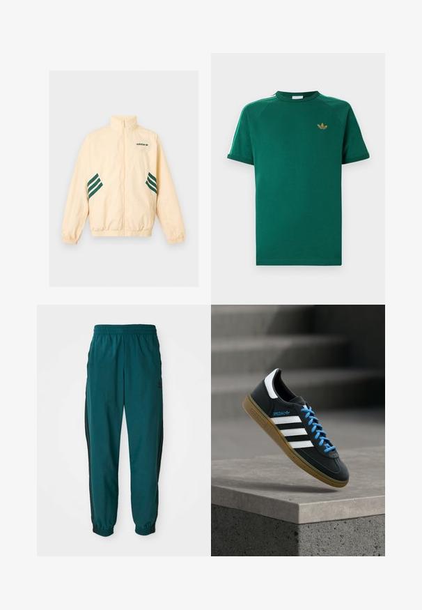 Heledat beeži värvi Adidas dressijakk kõrge kraega, täieliku eesmise luku, elastsete mansettide ja äärega ning tumerohelise Adidas logo ja triipudega külgedel.; Roheline lühikeste varrukatega Adidas t-särk ümara kaelusega, kullakarva kolmelehelise logoga rinnal ja valgete triipudega roheliste servadega õlgadel.; Türkis värvi spordipüksid, millel on nööriga vöökoht, elastsed mansetid ja mustad triibud külgedel. Valmistatud kergest kangast, logoga puusade lähedal.; Must Adidas toss valgete triibu, siniste paelte ja kummist tallaga, hõljuv pehme valgusega halli betoonastme kohal.