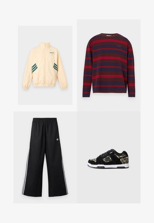 Veste de survêtement Adidas beige clair avec col montant, fermeture éclair intégrale à l'avant, poignets et ourlet élastiques, et logo Adidas ainsi que des bandes vert foncé sur les côtés.; Chemise à manches longues à rayures horizontales dans des tons brun foncé, marine et rouge. Texture côtelée avec un col rond et un détail de logo.; Pantalon de survêtement noir à jambes larges avec taille élastique, bandes blanches latérales et petit logo Adidas trefoil sur la hanche droite.; Baskets en suède noir avec un motif camouflage sur le côté, semelle intermédiaire blanche et semelle extérieure en caoutchouc noir. Comprend des lacets et un détail de logo sur le côté.