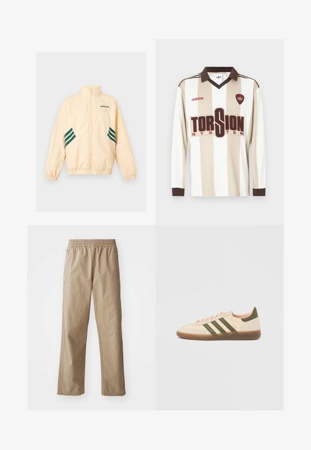 Svetlo béžová Adidas tréningová bunda s vysokým golierom, celopredným zipsom, elastickými manžetami a spodným lemom, s tmavozeleným logom Adidas a pruhmi na bokoch.; Futbalový dres s dlhým rukávom v béžovej a bielej pruhovanej farbe; má hnedý golier a manžety, veľké červené logo "TORSION SYSTEM" a branding adidas.; Béžové ľahké nohavice s elastickým pásom, rovnými nohavicami a bočnými vreckami. Hladká textúra s jemnými švami.; Nízky béžový tenisky Adidas Spezial so zelenými pruhmi, gumovou podrážkou a nápisom „SPEZIAL“ na boku, zobrazené z vonkajšej strany.