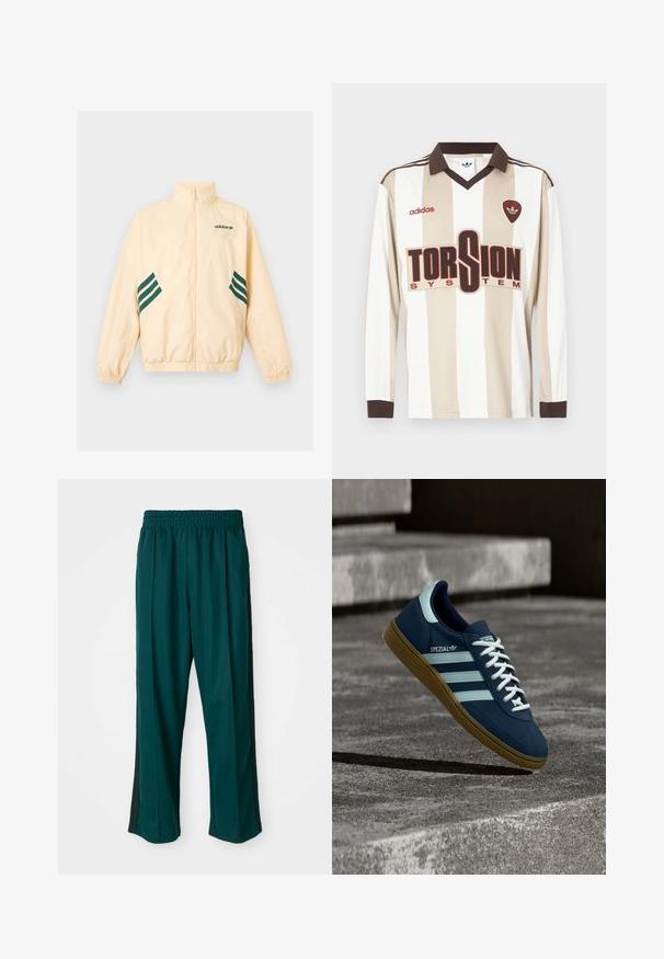 Heledat beeži värvi Adidas dressijakk kõrge kraega, täieliku eesmise luku, elastsete mansettide ja äärega ning tumerohelise Adidas logo ja triipudega külgedel.; Beige ja valgete triipudega pikade varrukatega jalgpallipusa; varustatud pruunide kaeluse ja mansettidega, suure punase "TORSION SYSTEM" logoga ning adidas'i brändinguga.; Tumed rohelised spordipüksid elastse vöökohaga, sirge jala kujundusega ja mustade külgtriipudega. Valmistatud pehmest, venivast kangast.; Sinine Adidas Spezial tennisk, valgete triipude ja paeltega, kummist tallaga, hõljub kareda betoonpinna ja sammude kohal taustal.