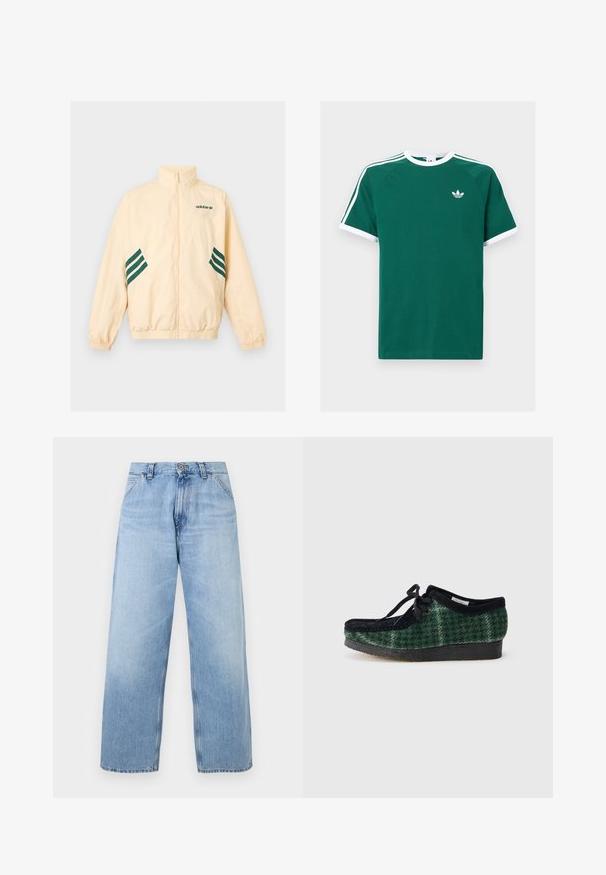 Chaqueta de chándal Adidas beige claro con cuello alto, cremallera completa frontal, puños y dobladillo elásticos, y logo y rayas Adidas en verde oscuro en los laterales.; Camiseta de algodón verde con acentos blancos, con mangas cortas, cuello redondo y tres rayas blancas en cada hombro. Pequeño logo en el pecho.; Vaqueros de pierna ancha de mezclilla azul claro con bolsillos delanteros, trabillas para cinturón, cierre de botón y detalles descoloridos.; Zapatos de patrón verde y negro con parte superior de ante, que presentan una puntera redondeada, cordones y una suela de goma texturizada.