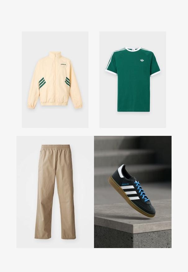 Svetlo béžová Adidas tréningová bunda s vysokým golierom, celopredným zipsom, elastickými manžetami a spodným lemom, s tmavozeleným logom Adidas a pruhmi na bokoch.; Zelené bavlnené tričko s bielymi akcentmi, s krátkymi rukávmi, okrúhlym výstrihom a troma bielymi pruhmi na každom pleci. Malé logo na hrudi.; Béžové ľahké nohavice s elastickým pásom, rovnými nohavicami a bočnými vreckami. Hladká textúra s jemnými švami.; Čierna teniska Adidas s bielymi pruhmi, modrými šnúrkami a gumovou podrážkou, ktorá sa vznáša nad sivým betónovým schodom v mäkkom svetle.