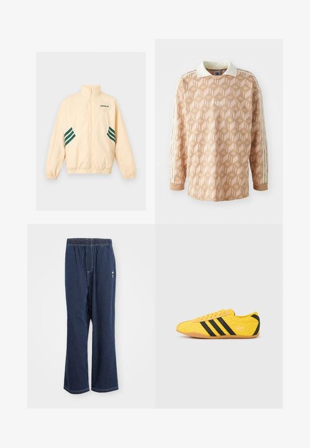 Lyse beige Adidas træningsjakke med høj krave, fuld frontlynlås, elastiske manchetter og kant samt mørkegrønt Adidas-logo og striber på siderne.; Langærmet skjorte i en lys ferskenfarve med et geometrisk mønster. Har en hvid krave og tre creme striber på hver ærme.; Navy stribede bukser med lyseblå lodrette striber, elastisk talje, bred benudskæring og et lille logo på siden. Stoffet har en glat tekstur.; Gul atletiksko med en tekstureret overdel, der har sorte striber og logo. Rundt tå, blød sål og zigzag-mønster på materialet.